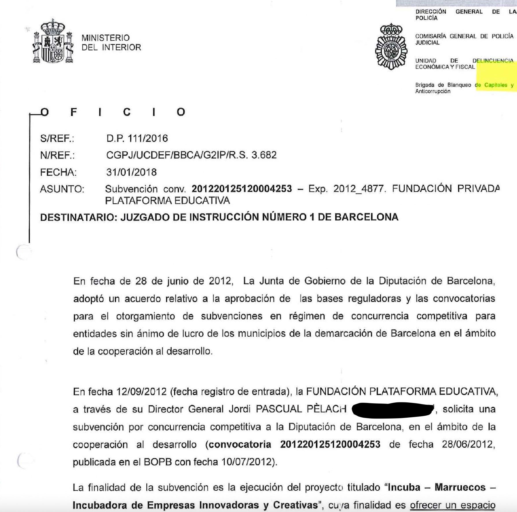 Part de l'ofici de la UDEF sobre les subvencions que rebia de Diputació/QS