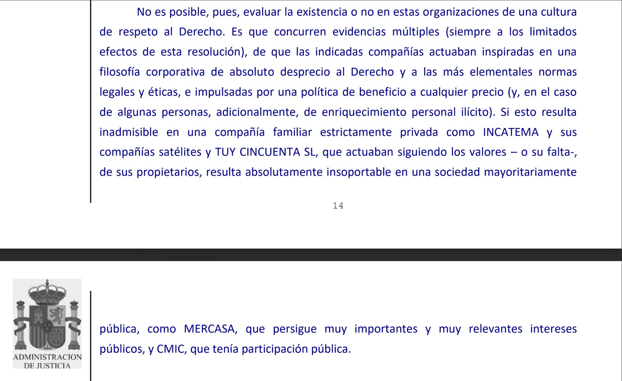 Part de la interlocutòria del jutge De la Mata carregant contra el cas Mercasa/QS