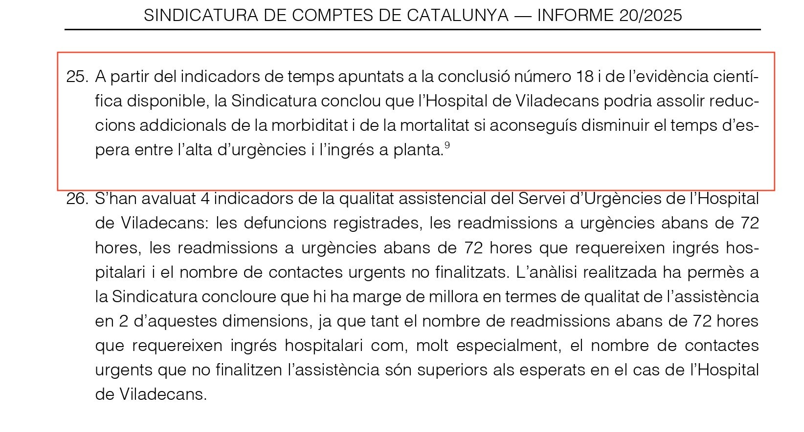Part del'informe de la Sindicatura que avisa dels perills de la pèrdua de vides amb la gestió del servei d'urgències/QS