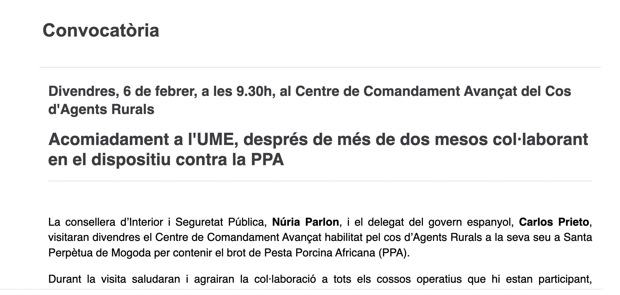 Capçalera de la convocatòria de Parlon per acomiadar l'UME