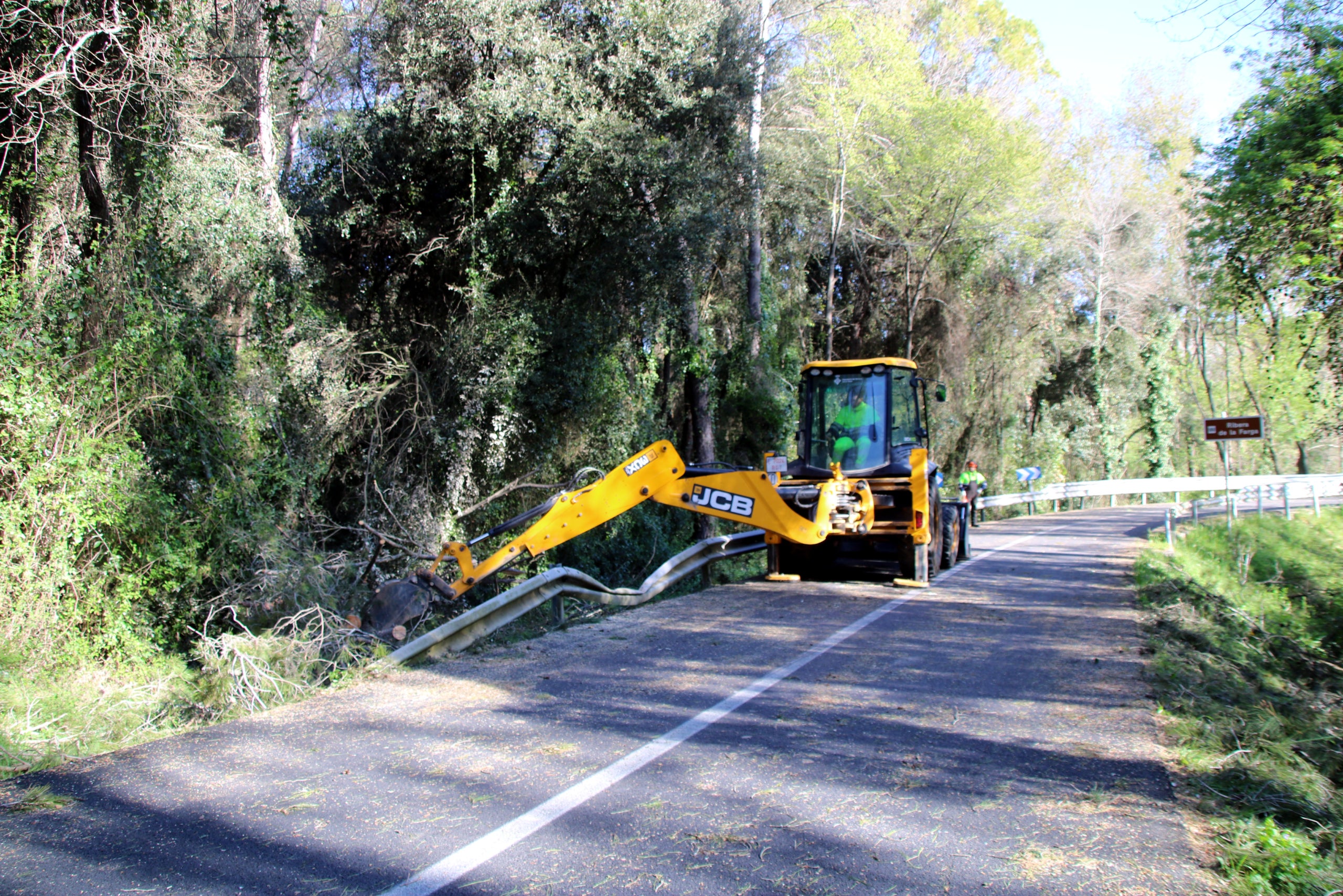 Una màquina retira arbres caiguts a la carretera de Fontcoberta / ACN-Berta Artigas Fontàs