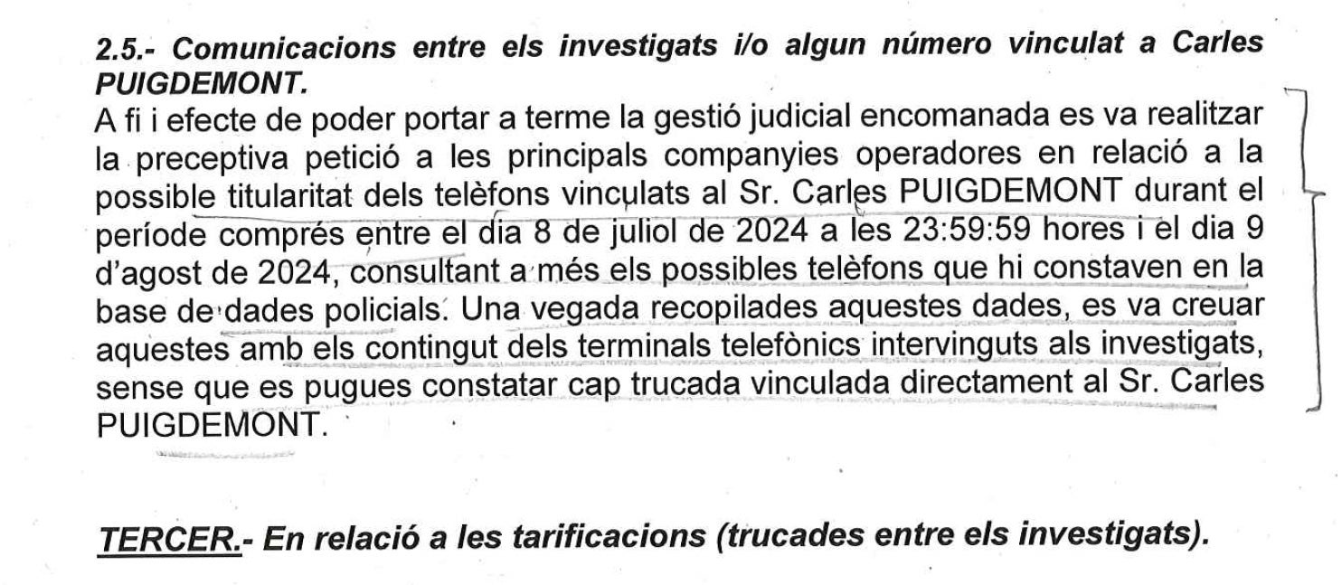 Parte del informe de los Mossos que constata la incomunicación entre los policías y Puigdemont el día de su regreso fugaz a Barcelona/QS