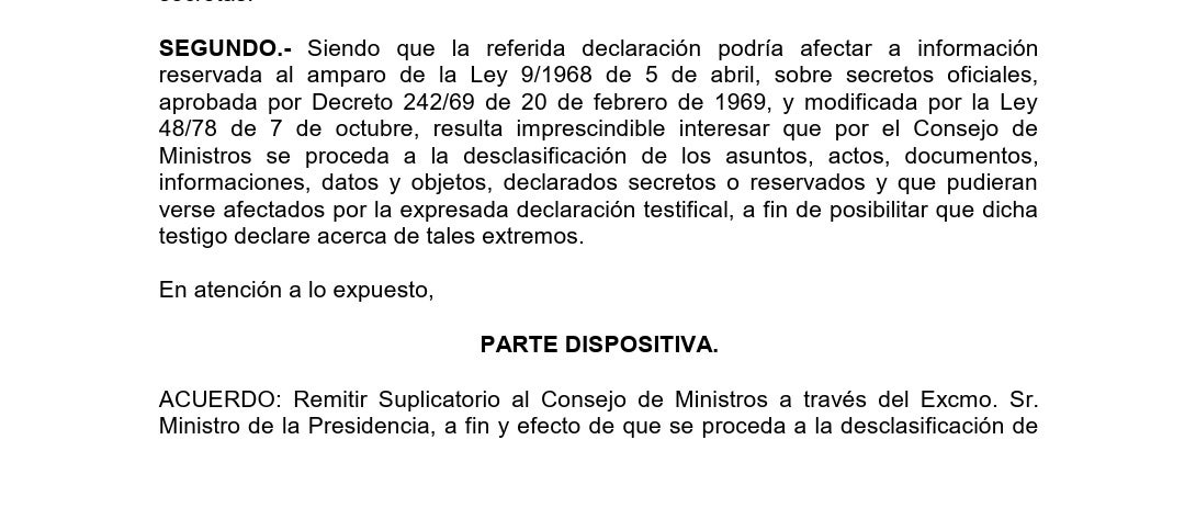 Parte dispositiva de la resolución que solicita la desclasificación de los documentos del CNI/QS