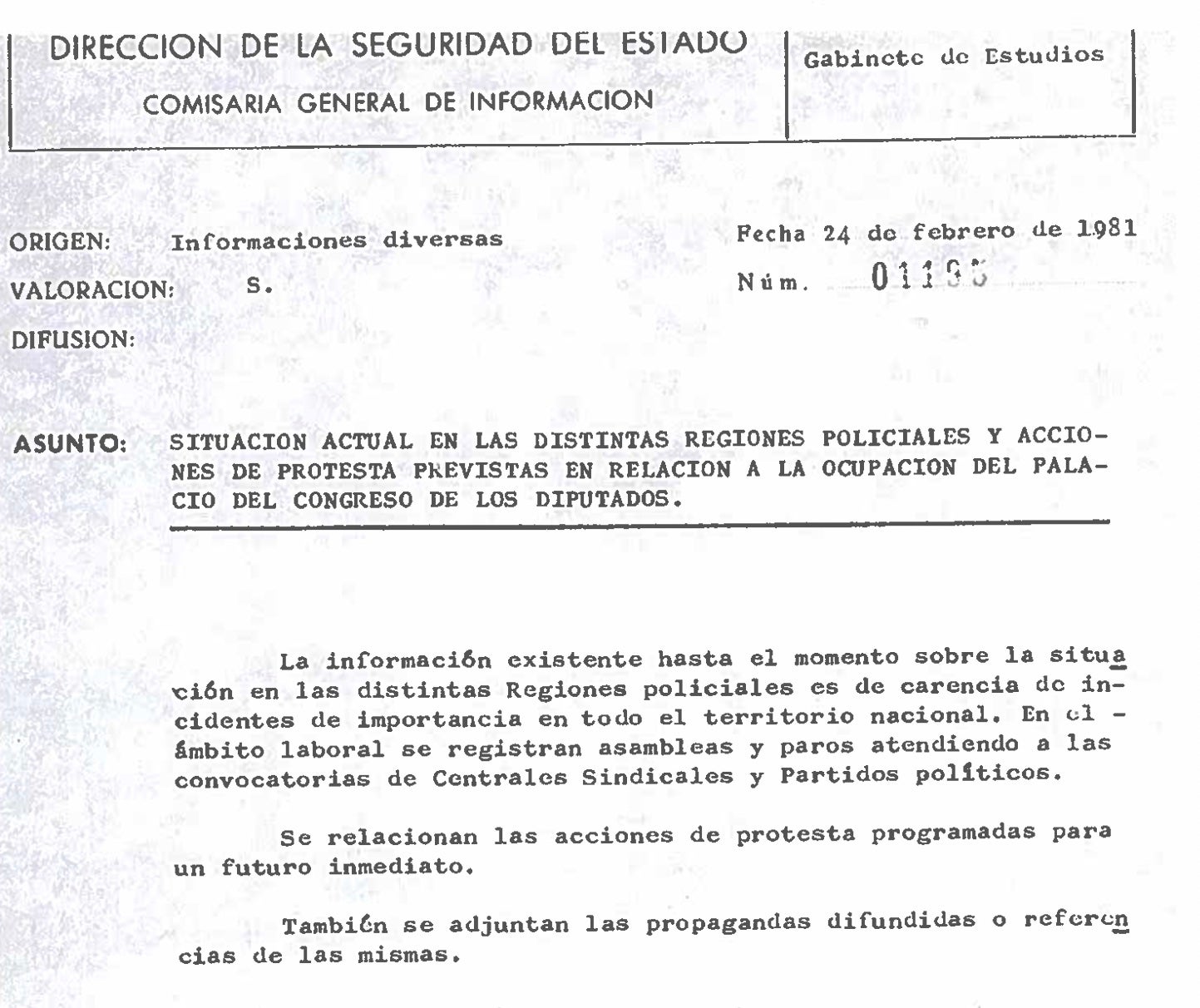 Cabecera de los informes policiales sobre la situación en Cataluña después del 23F