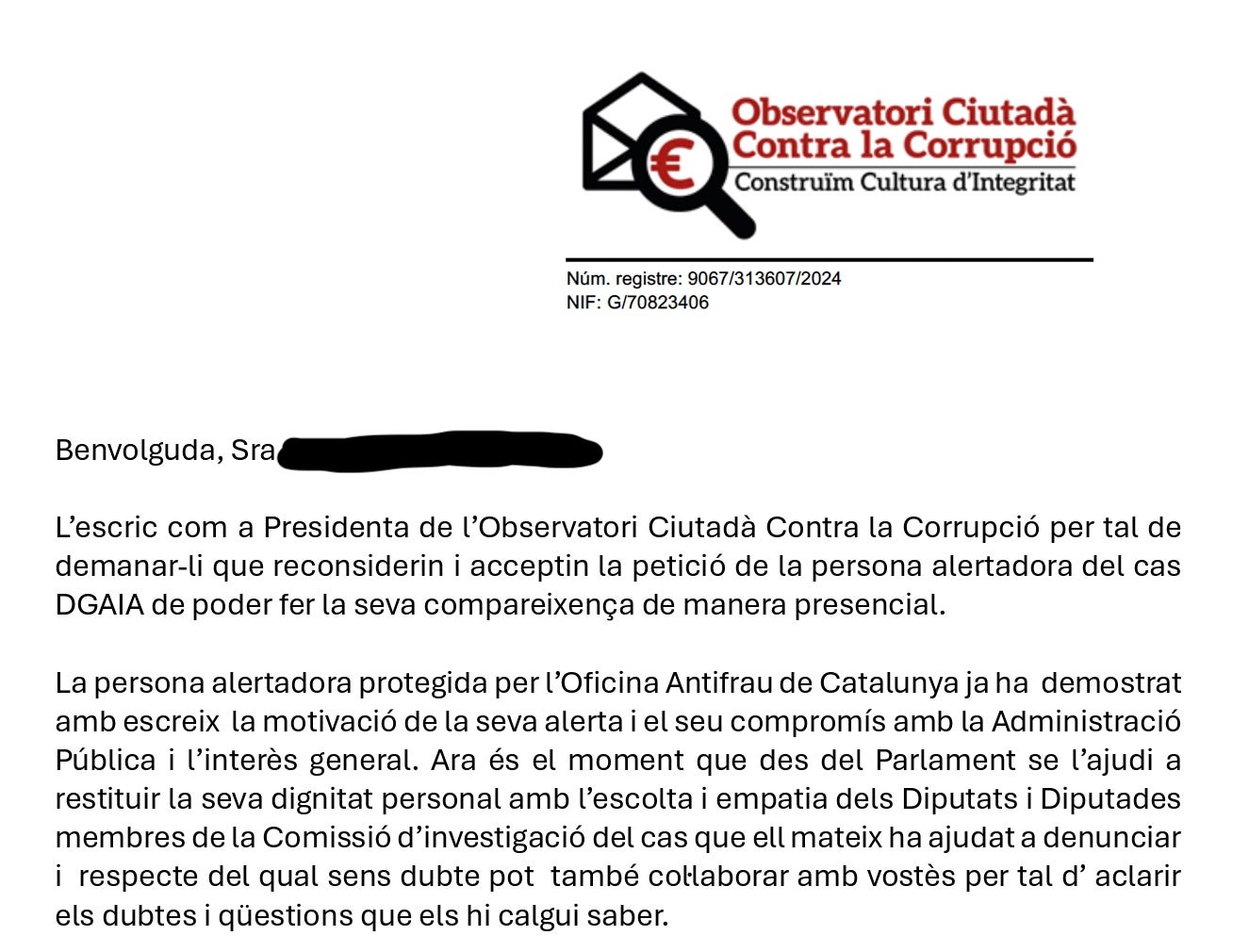 La capçalera de la carta remesa a la comissió d'investigació de la DGAIA