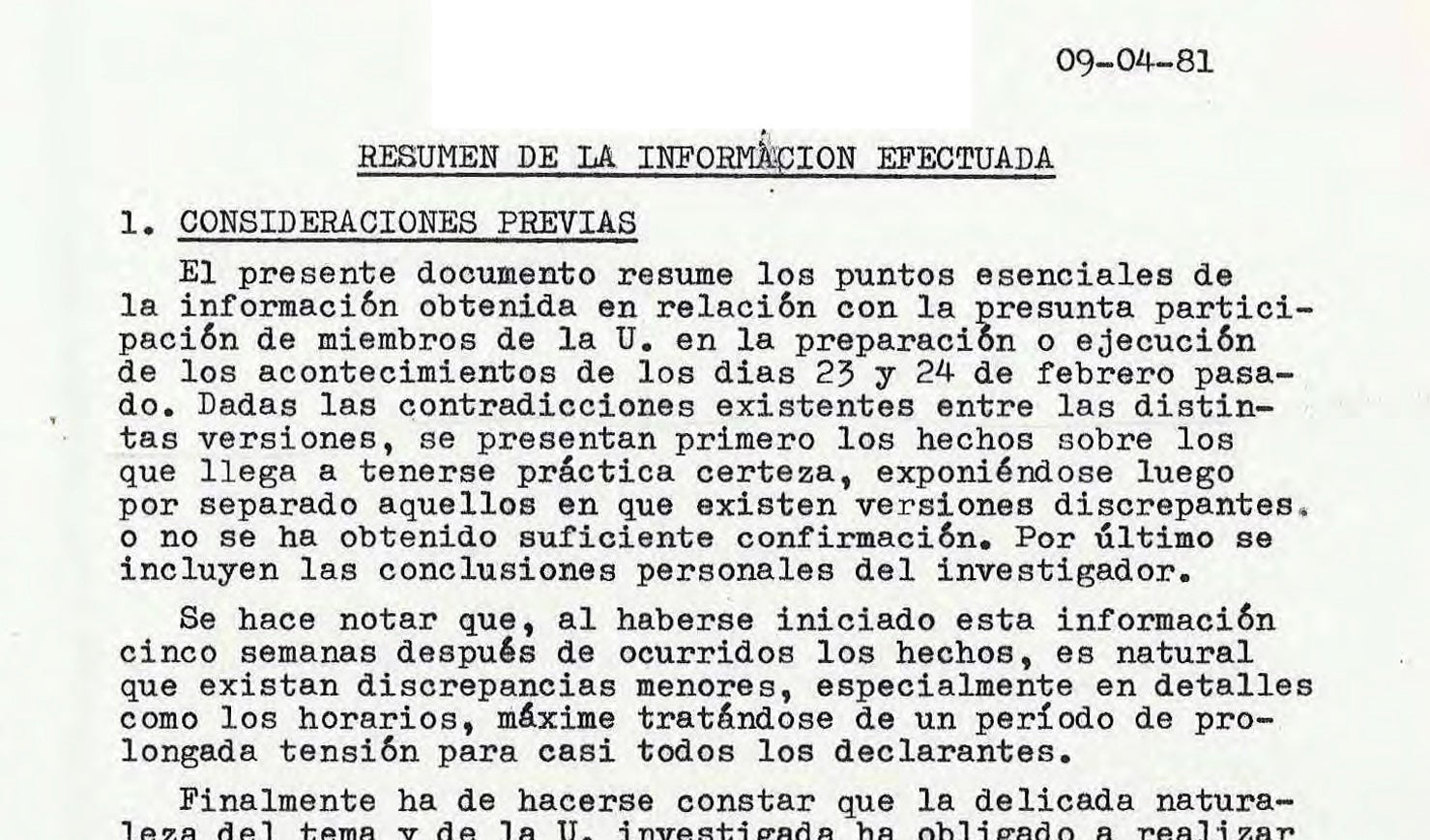 Començament de l'informe Jaubenes/23FMoncloa