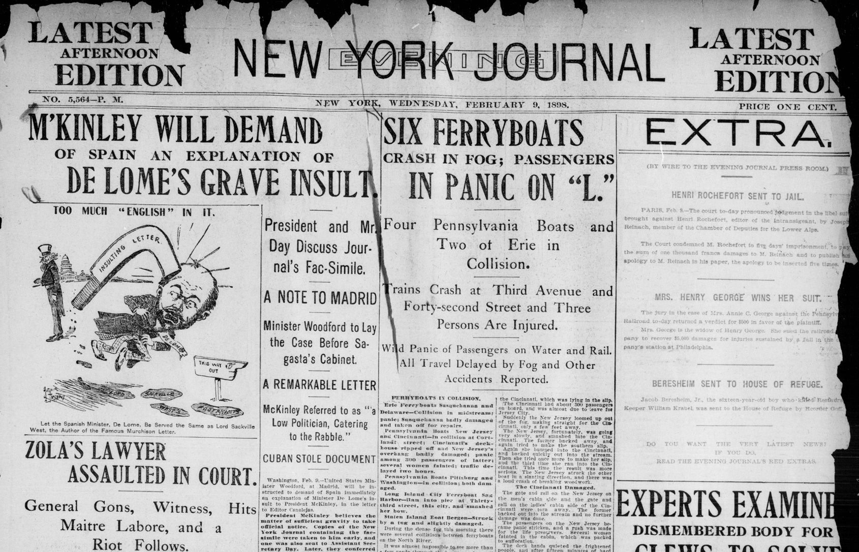Portada del New York Journal del 9 de febrer de 1898 que difonia la famosa carta/Llibreria del Congrés dels EUA