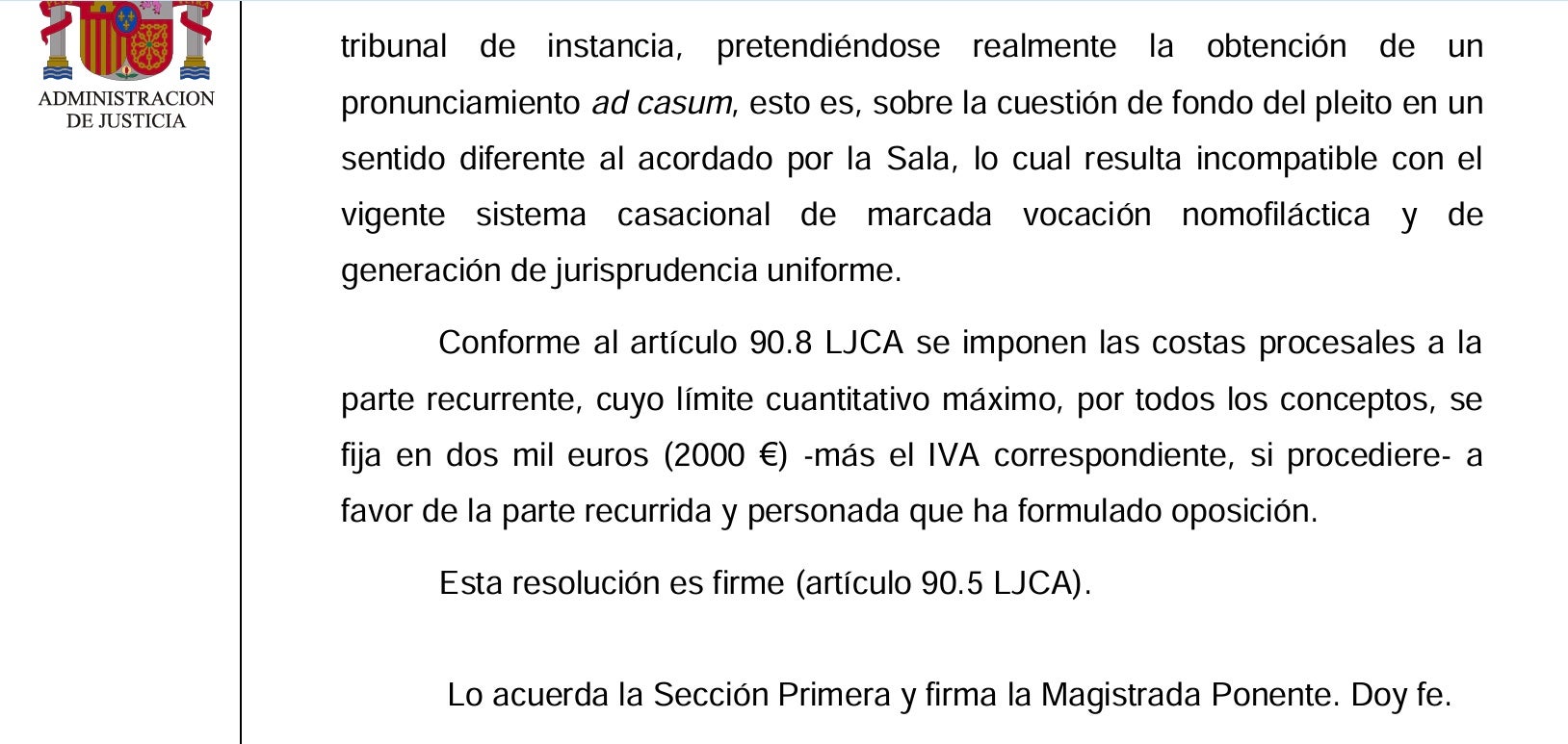 Part dispositiva de la resolució de la sala contenciosa del Tribunal Suprem pel cas Rosell/QS