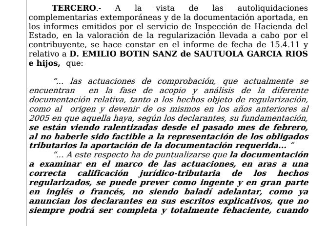 Part de la interlocutòria del cas Botín on li admeten només declarar els darrers quatre anys