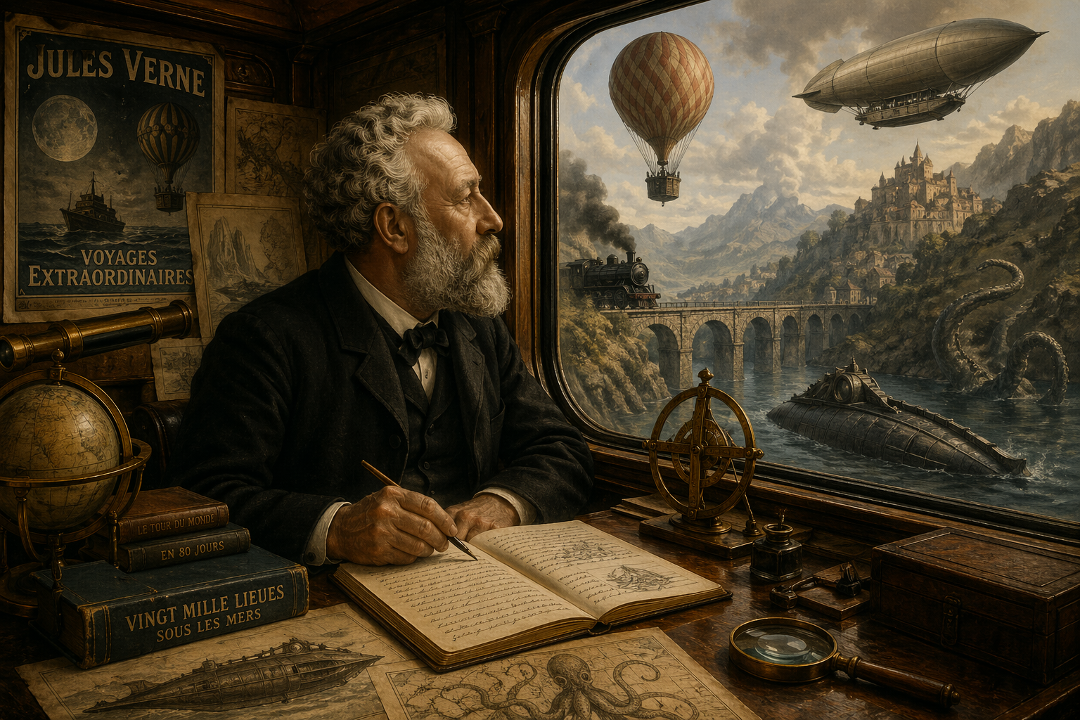 Jules Verne i el seu univers, en una imatge creada pel ChatGPT amb instruccions precises d'agafar els referents del Museu de Jules Verne a Dantes