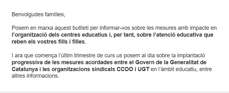 El correu que ha enviat el Departament d'Educació