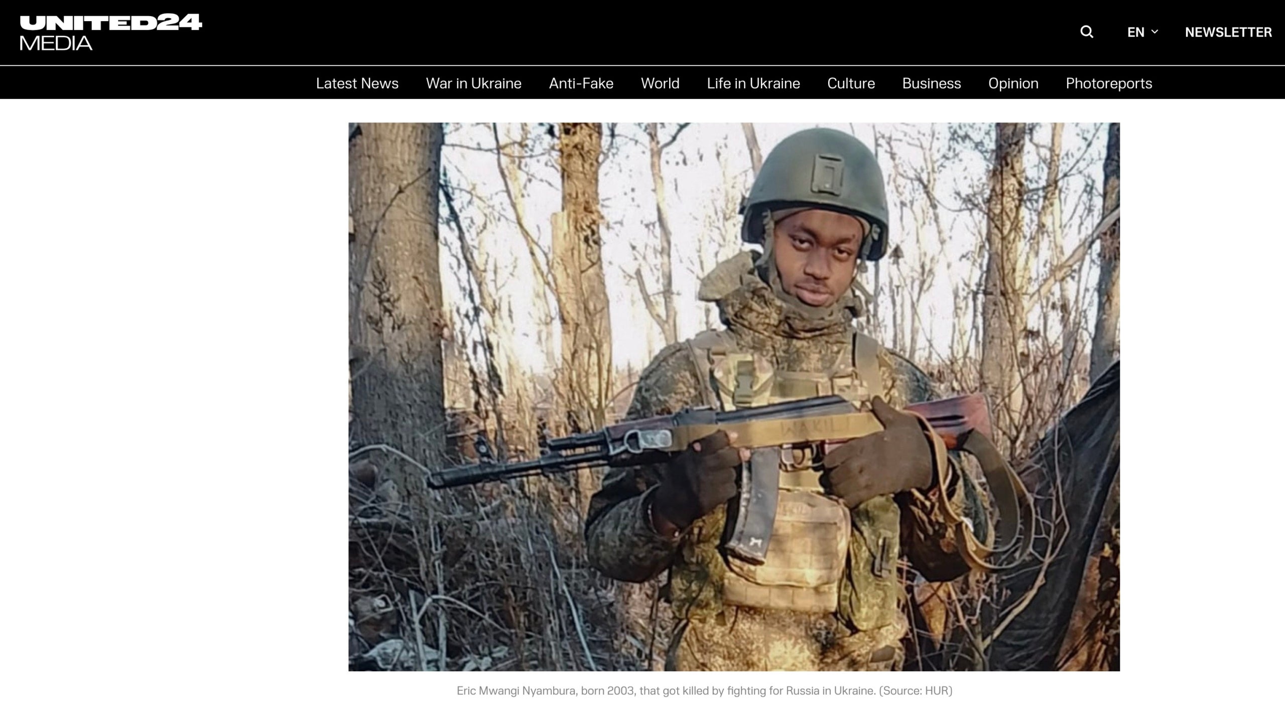 Eric Mwangi Nyambura, identificado como uno de los soldados africanos muertos en Ucrania luchando con Rusia, en la noticia de United 24 Media 