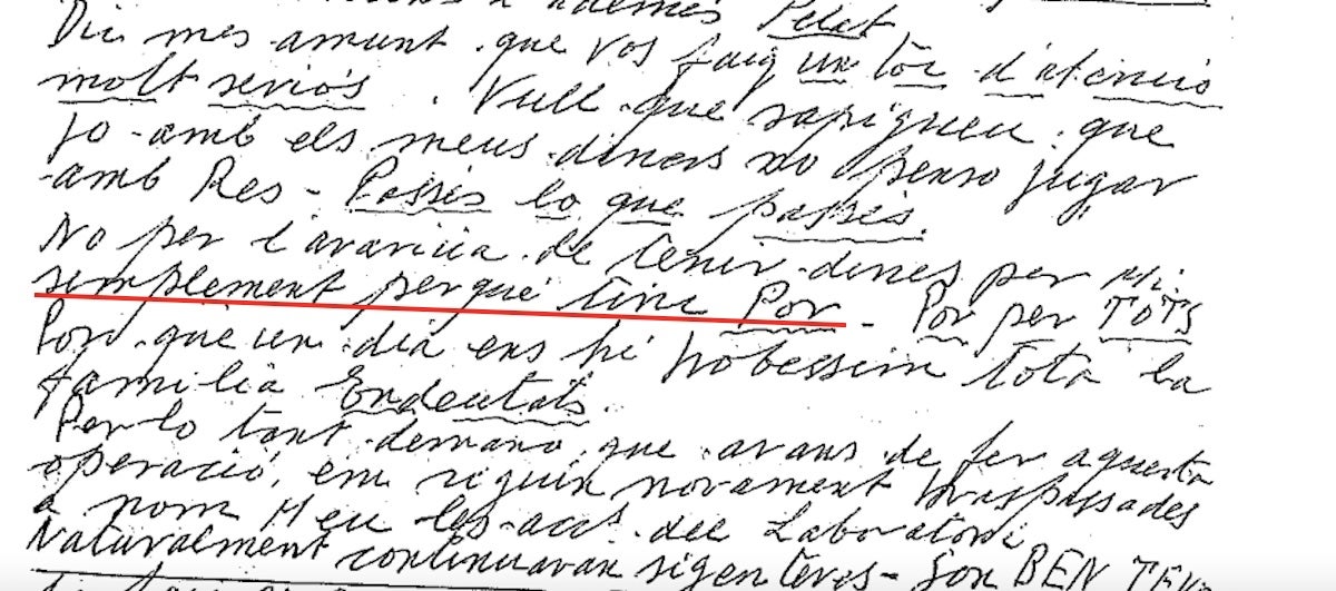 Part del manuscrit de l'avi Florenci on admet que té por de la gestió del seu fill