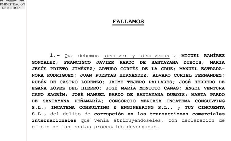 La part dispositiva de la sentència absolutòria de Mercasa