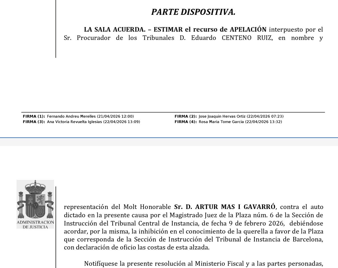 Part dispositiva de la interlocutòria que reobre la querella de Mas