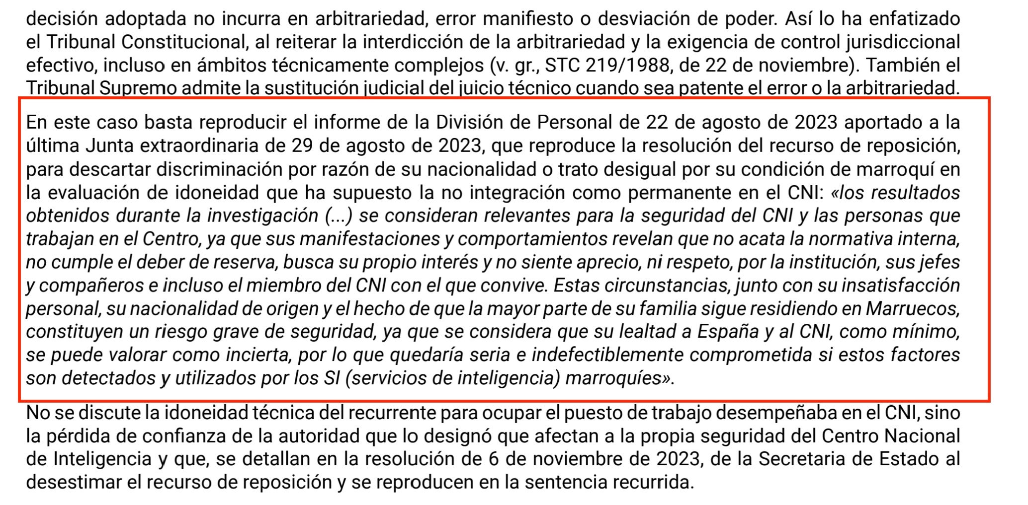 Parte de la sentencia que avala el despido del agente del CNI por su proximidad con Marruecos/QS