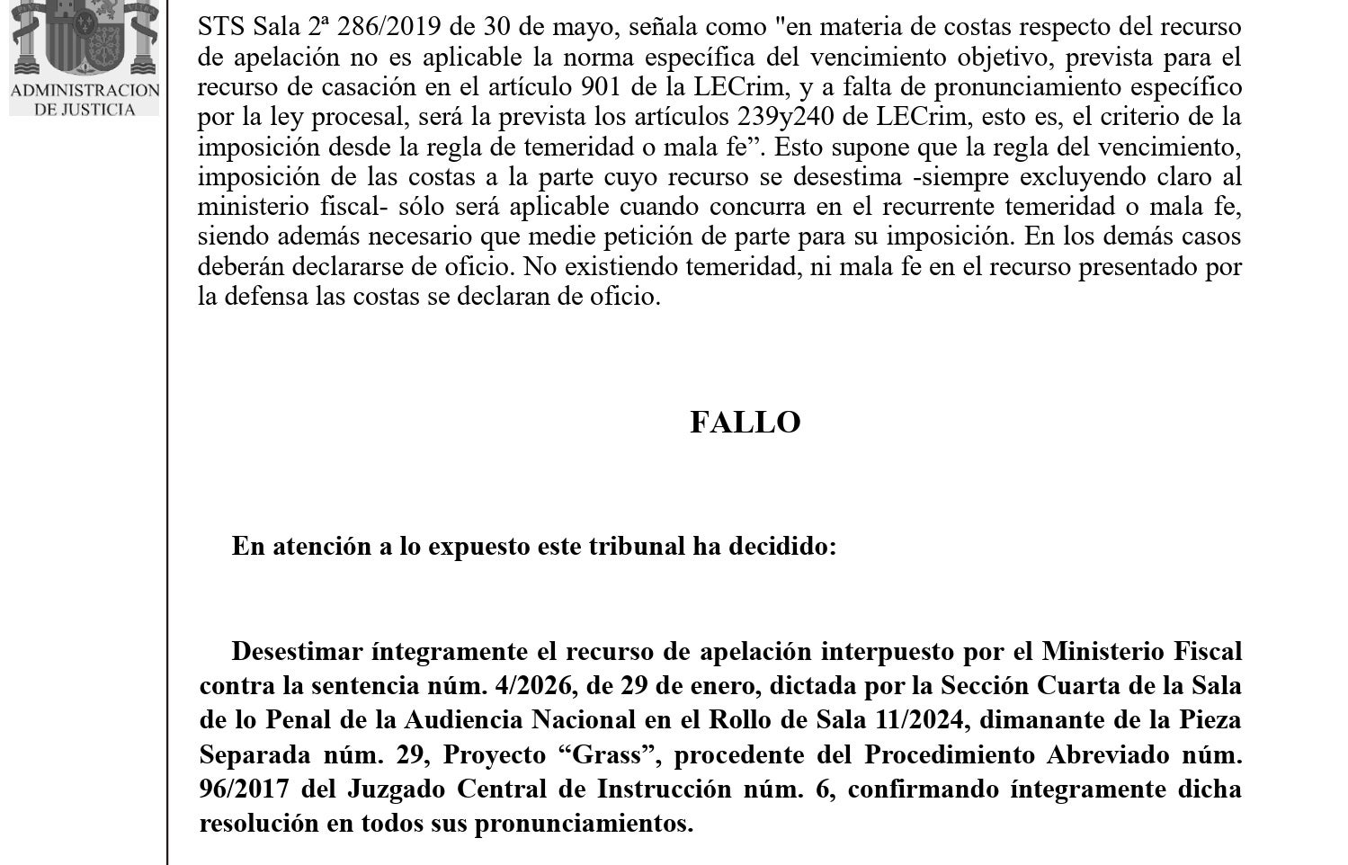 Parte dispositiva de la sentencia que vuelve a absolver a Villarejo/QS 