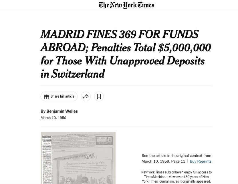 Notícia de The New York Times, on apareix l'escàndol de la fuga de capitals on va estar involucrat Florenci Pujol