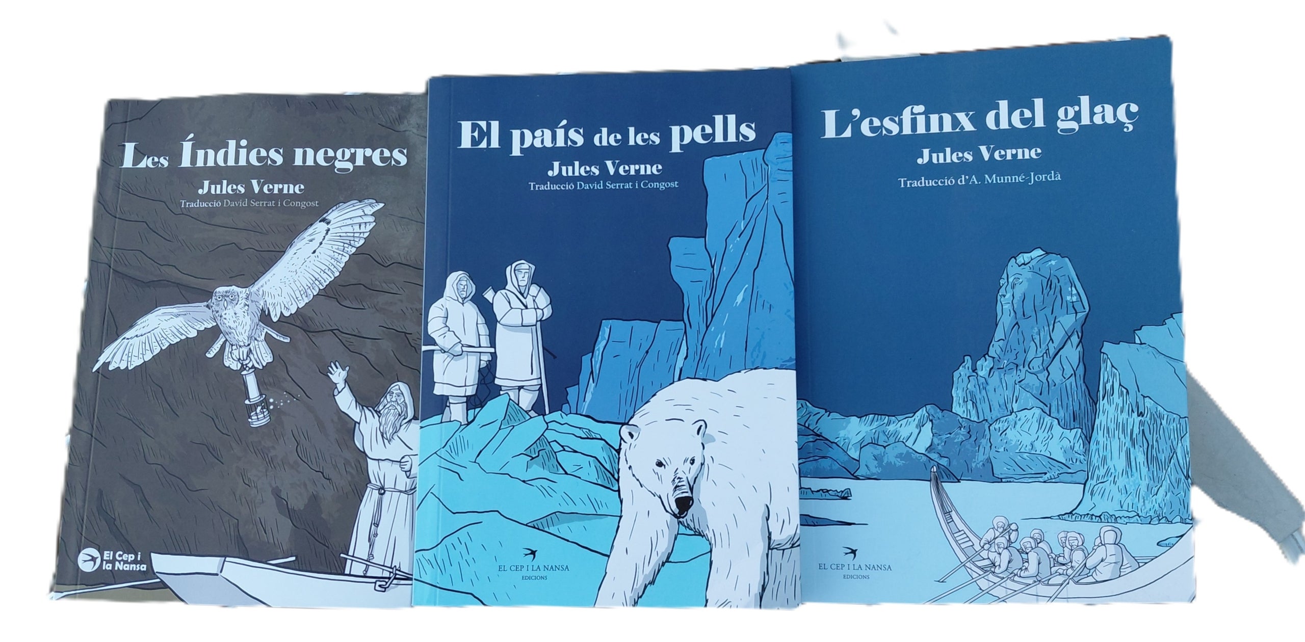 Les portades de les tres obres de Verne en català editades per la Nansa i el Cep