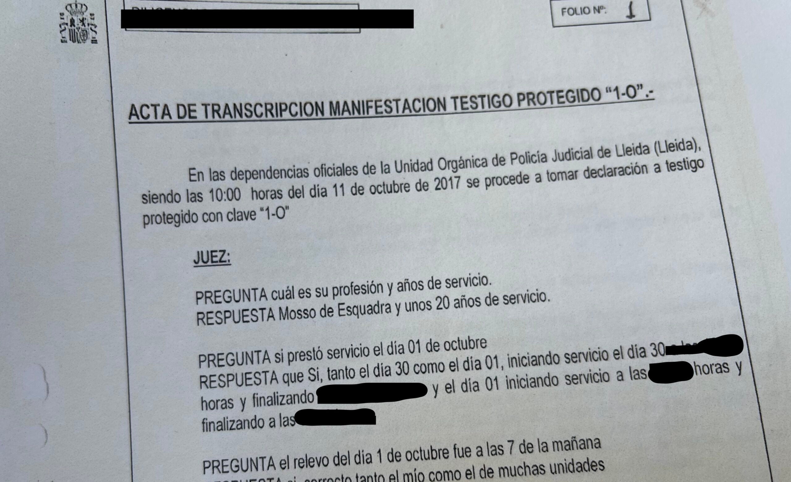 Part de la declaració/delació que el mosso va fer a la Guàrdia Civil i la fiscalia durant el Primer d'Octubre contra els Mossos/QS