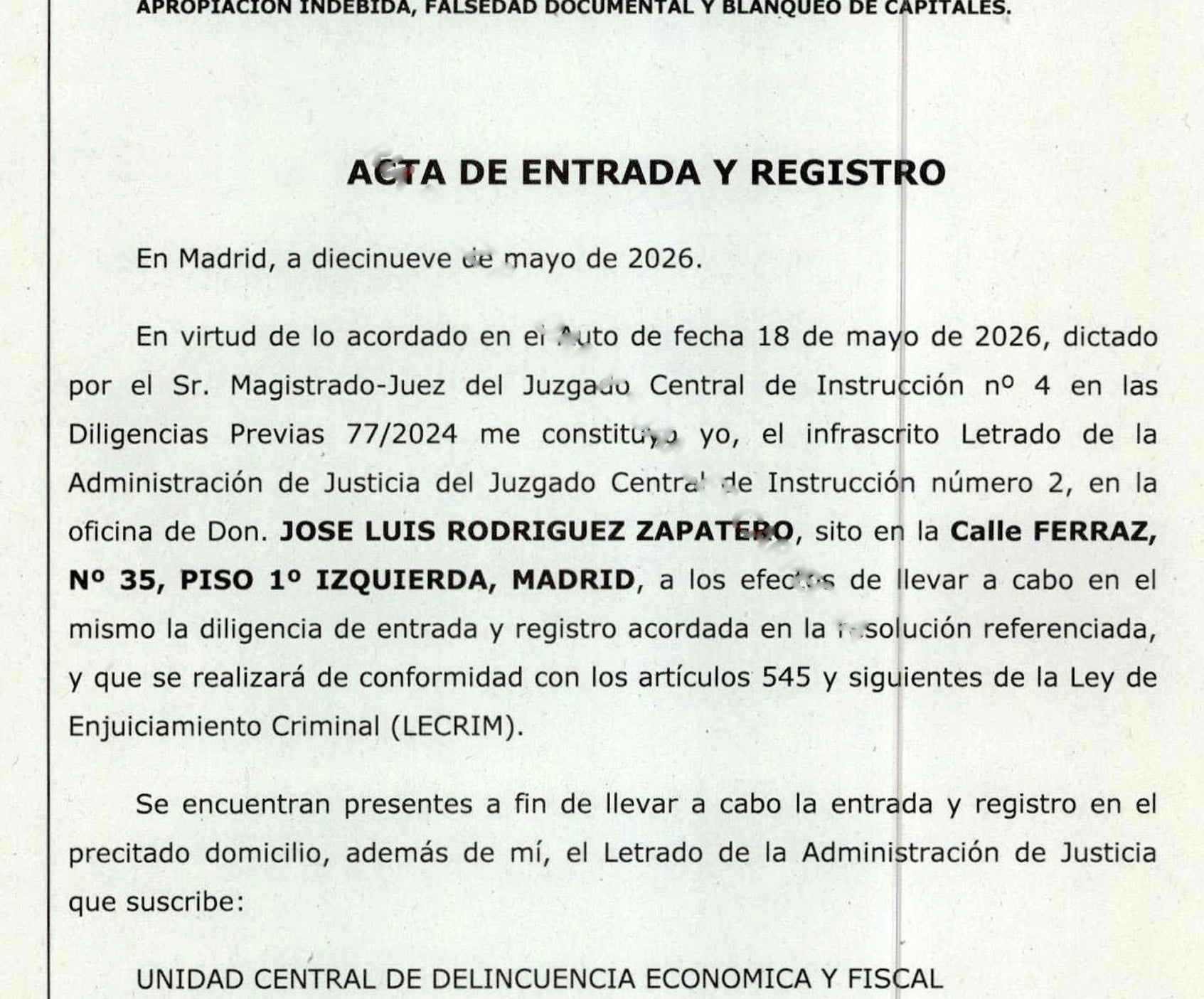 Part de l'acta d'entrada i escorcoll al despatx de Zapatero/QS