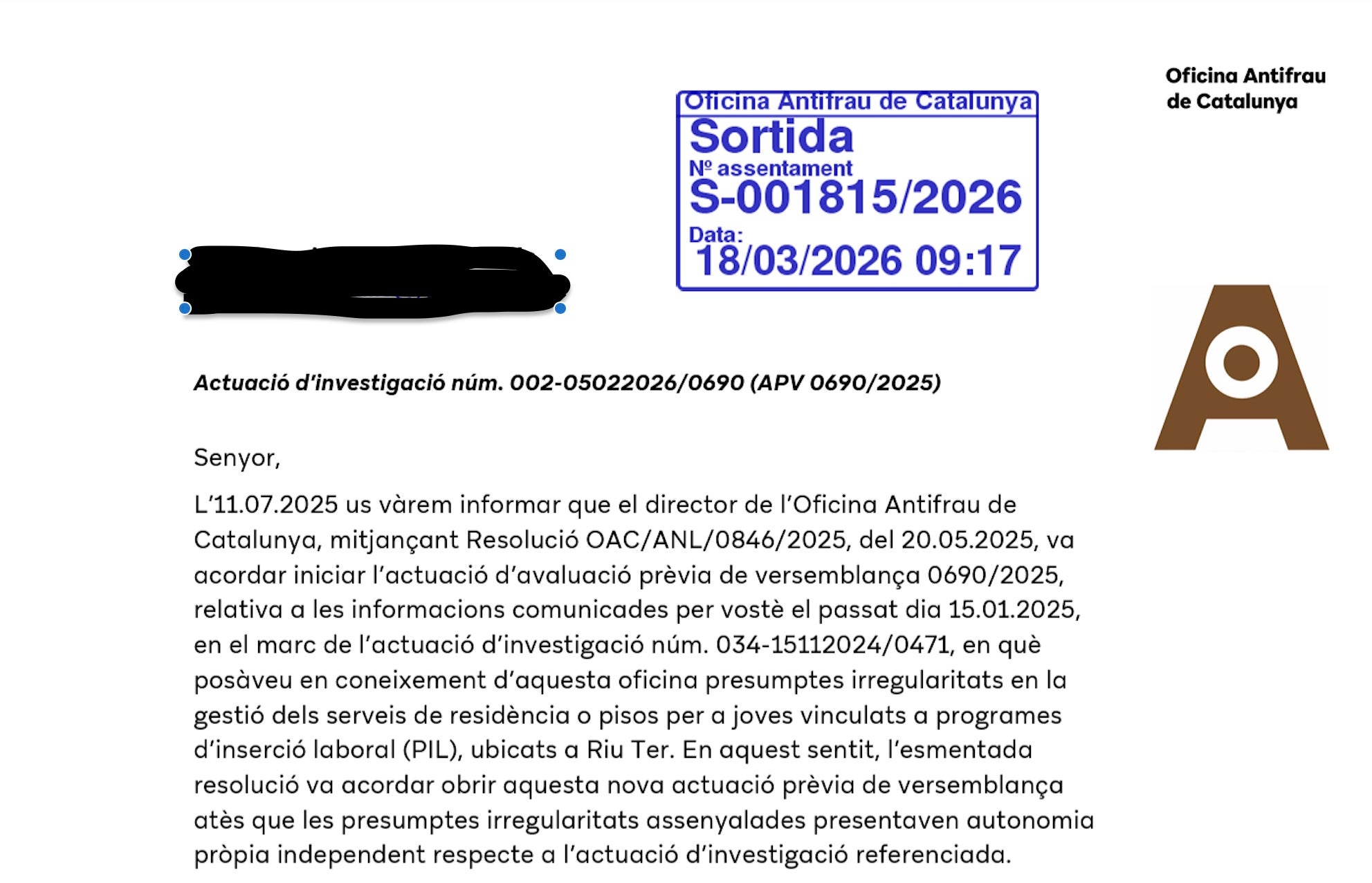 Encapçalament de l'escrit de comunicació obertura de peça separada d'Antifrau sobre la DGAIA/QS