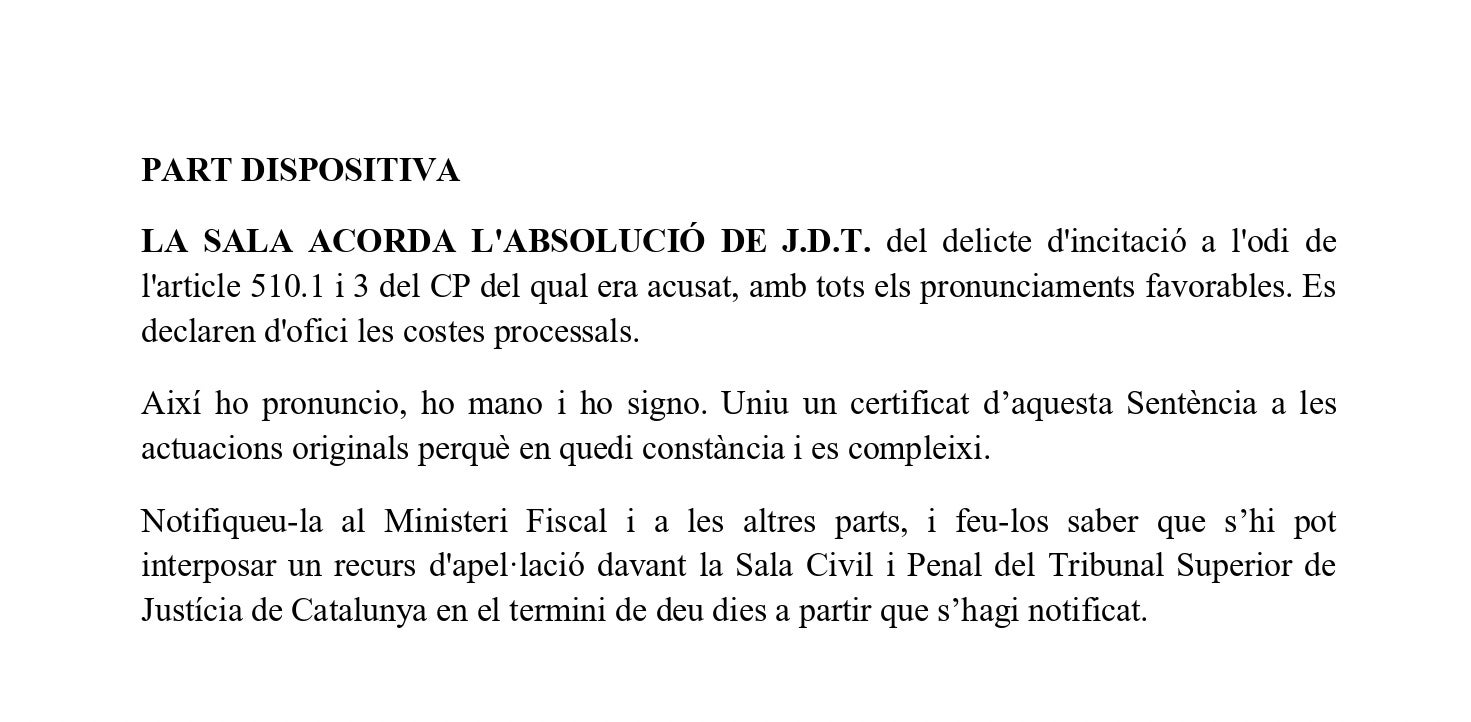 Part dispositiva de la sentència absolutòria de Jair Domínguez
