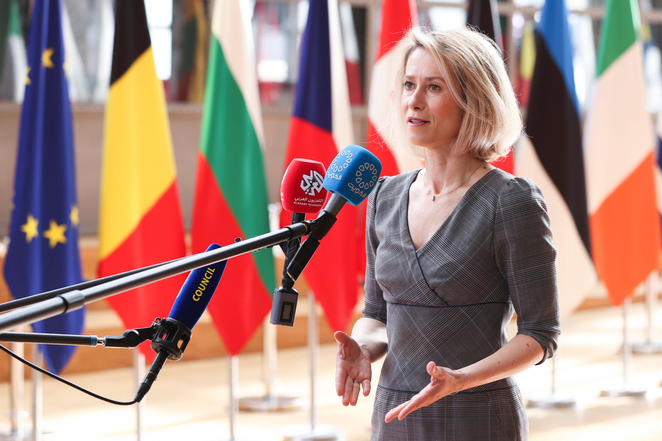 L'Alta Representant de la Unió Europea per a Política Exterior, Kaja Kallas, en declaracions als mitjans des de Brussel·les. REMITIDA / HANDOUT por FRANCOIS LENOIR

