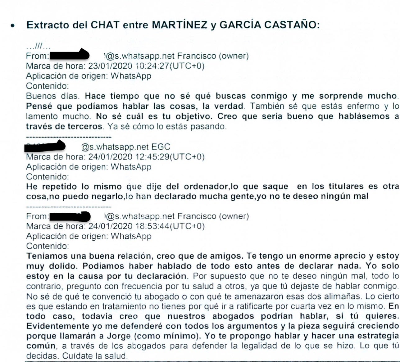 Parte del chat entre Garcia Castaño y Francisco Martínez sobre las preguntas del fiscal