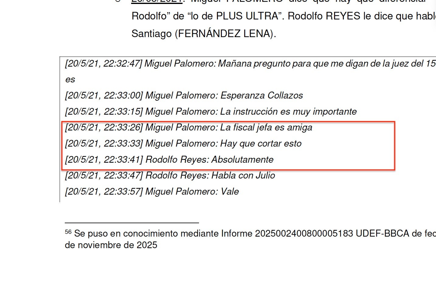 Part d'una de les converses del sumari Zapatero on apareix el nom de la fiscal amiga/QS