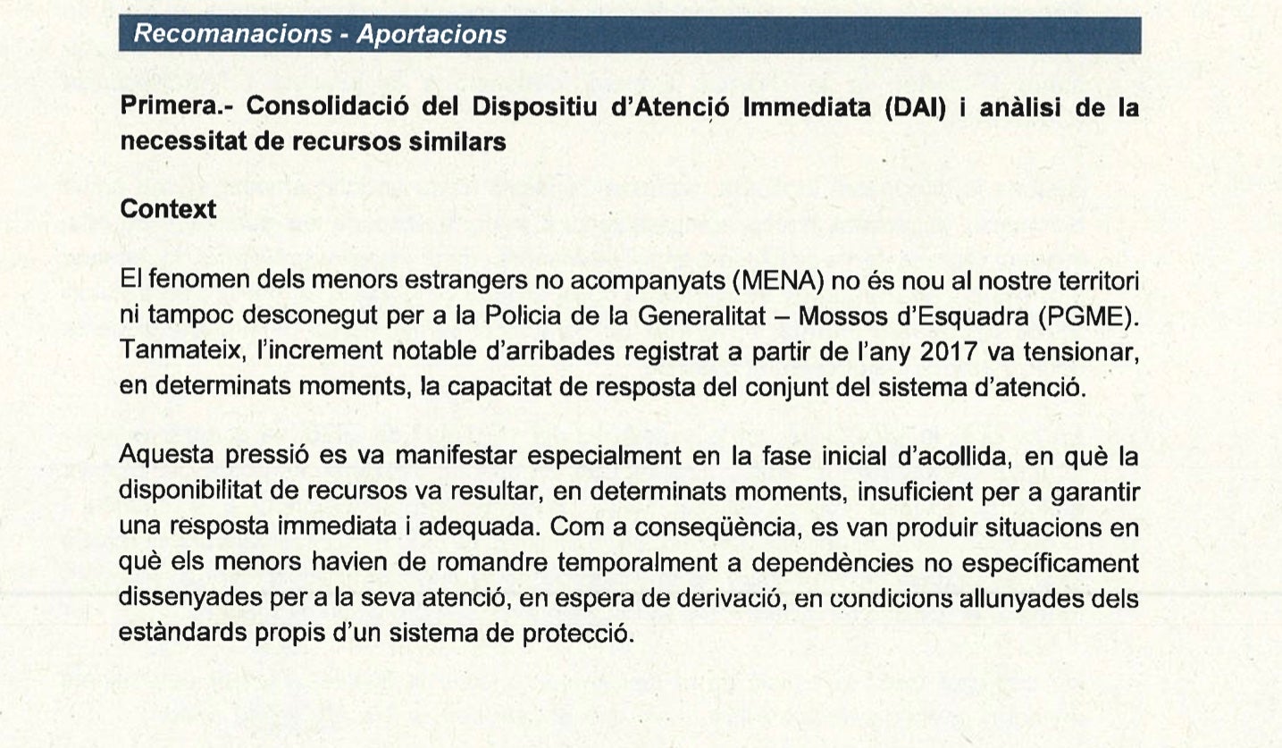 Parte del informe de los Mossos d'Esquadra entregado a la comisión de investigación de la DGAIA donde reclaman medidas y mejoras para atender a los jóvenes tutelados