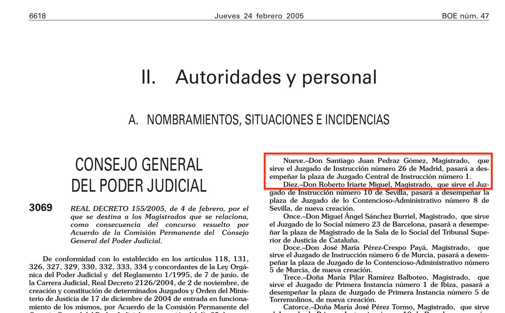 Nomenament de Pedraz,com a magistrat a l'Audiència Nacional