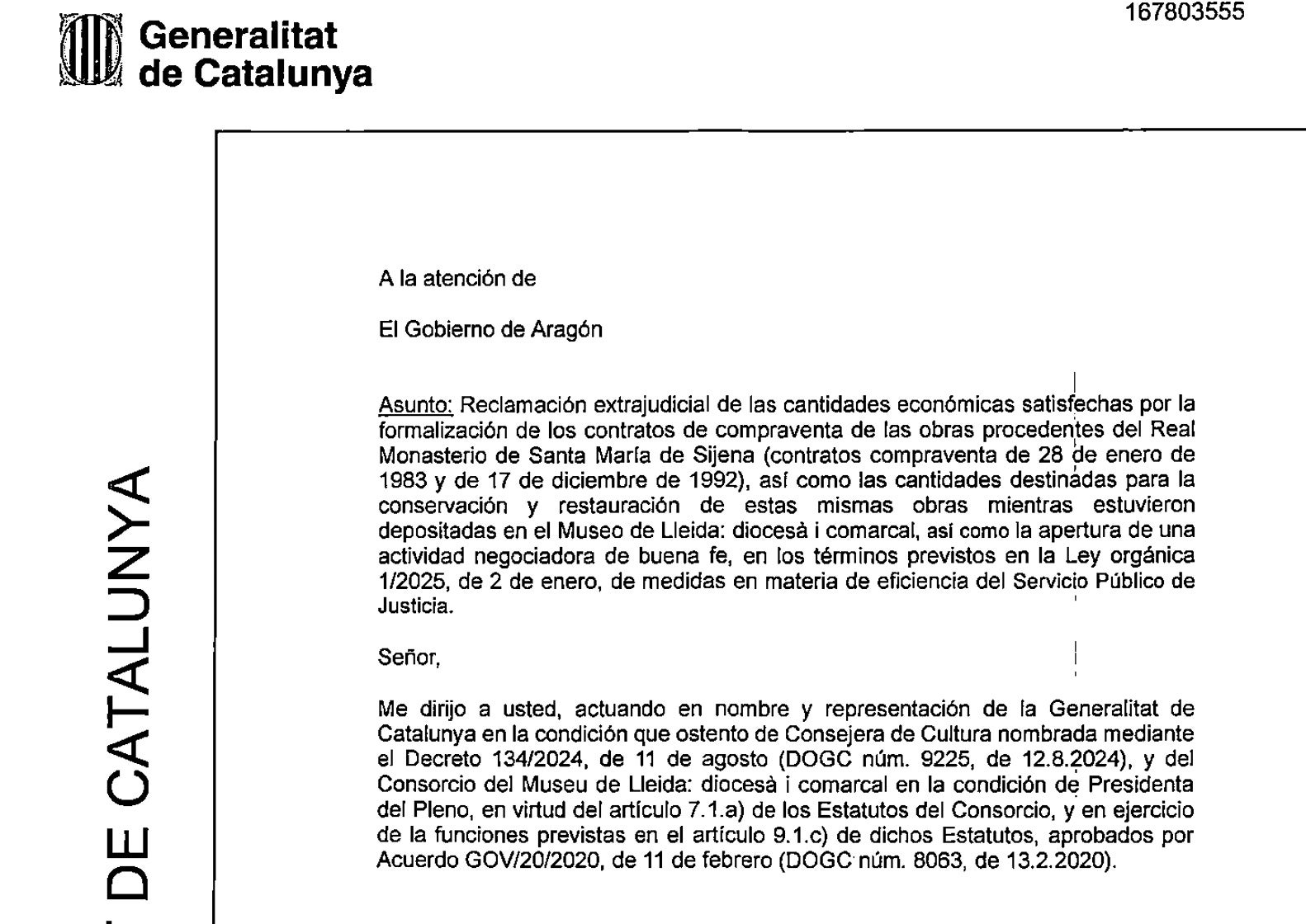 Part d'un burofax remès pel Govern a Sixena