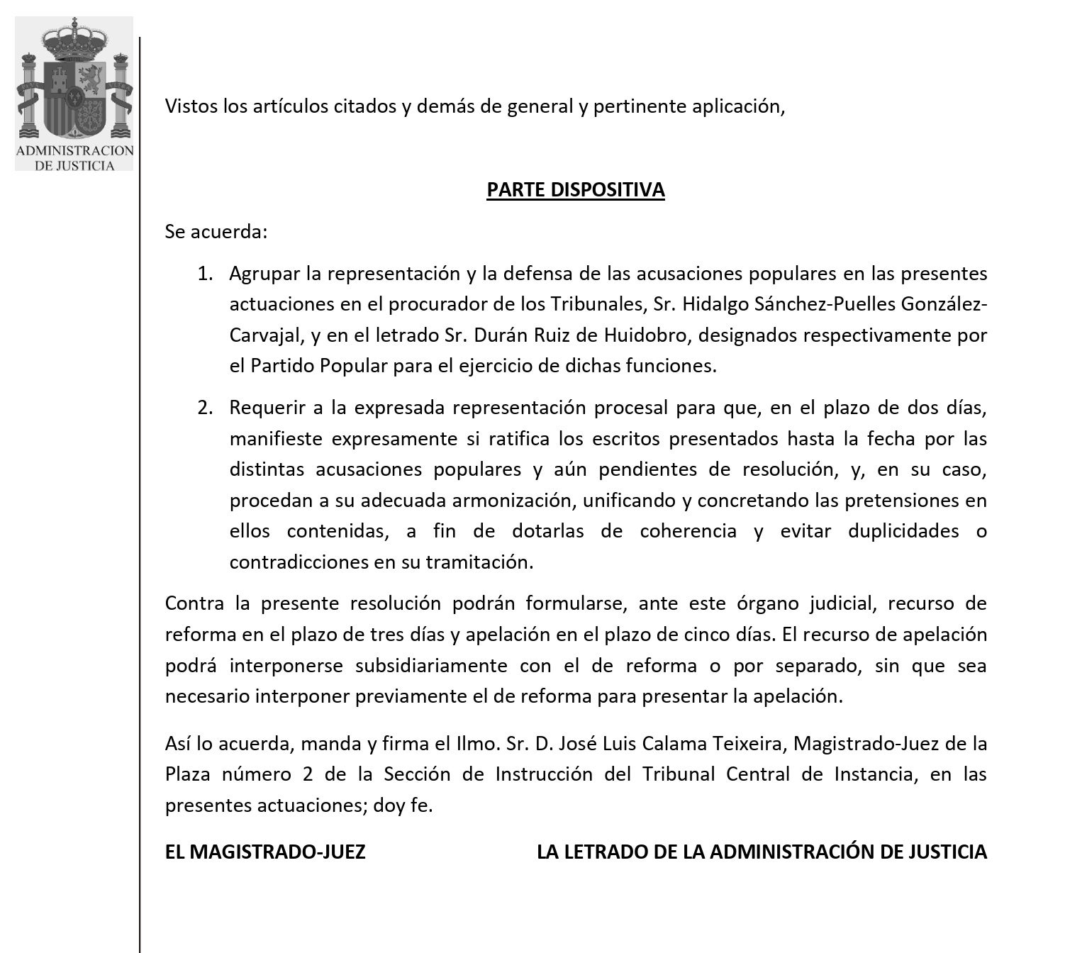 Part dispositiva de la resolució que comanda al PP dirigir l'acusació particular contra Zapatero