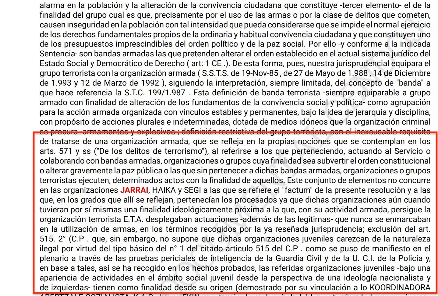 Part de la sentència sobre les joventuts de Jarrai que no les considerava organitzacions terroristes