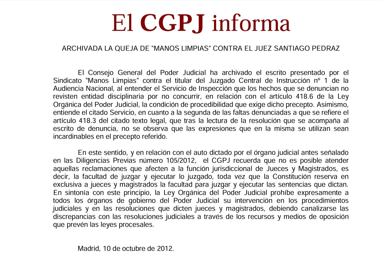 Nota del CGPJ quan va decidir arxivar la querella de Manos Limpias contra el magistrat Pedraz