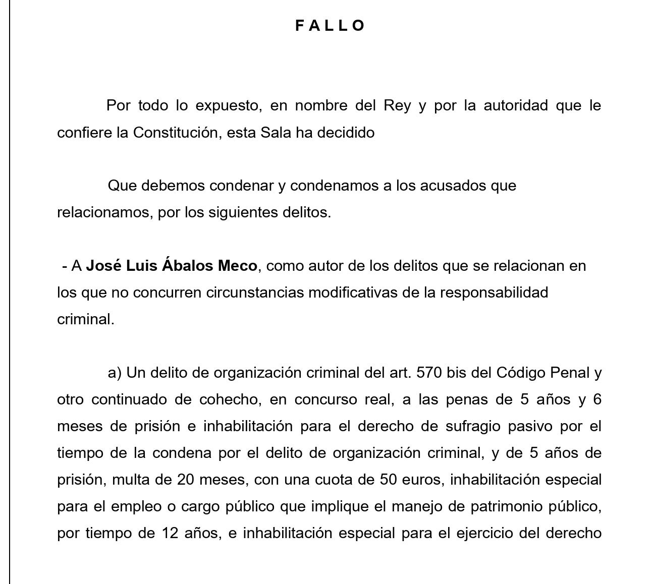 Part dispositiva de la sentència que condemna Ábalos/QS