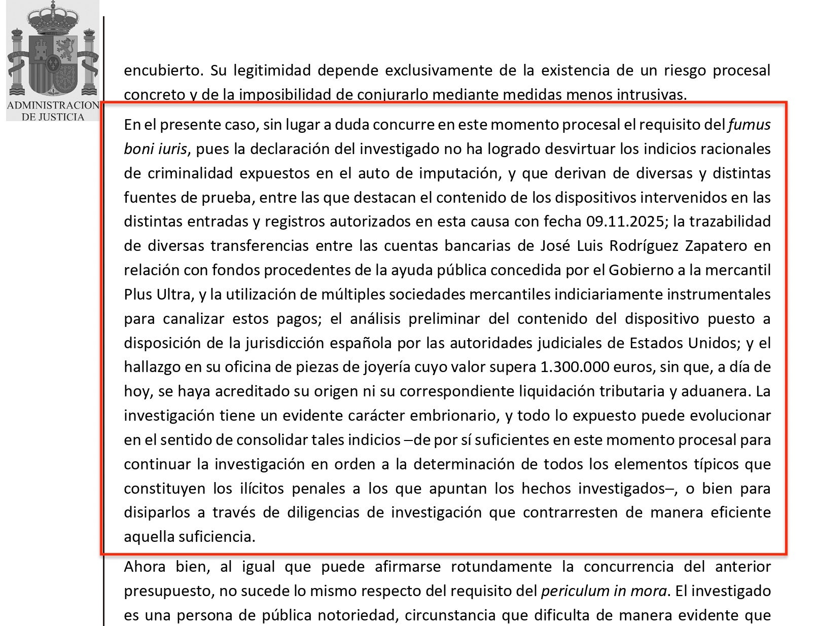 Part de la interlocutòria sobre Zapatero on el jutge no s'acaba de creure la seva versió dels ingressos/QS