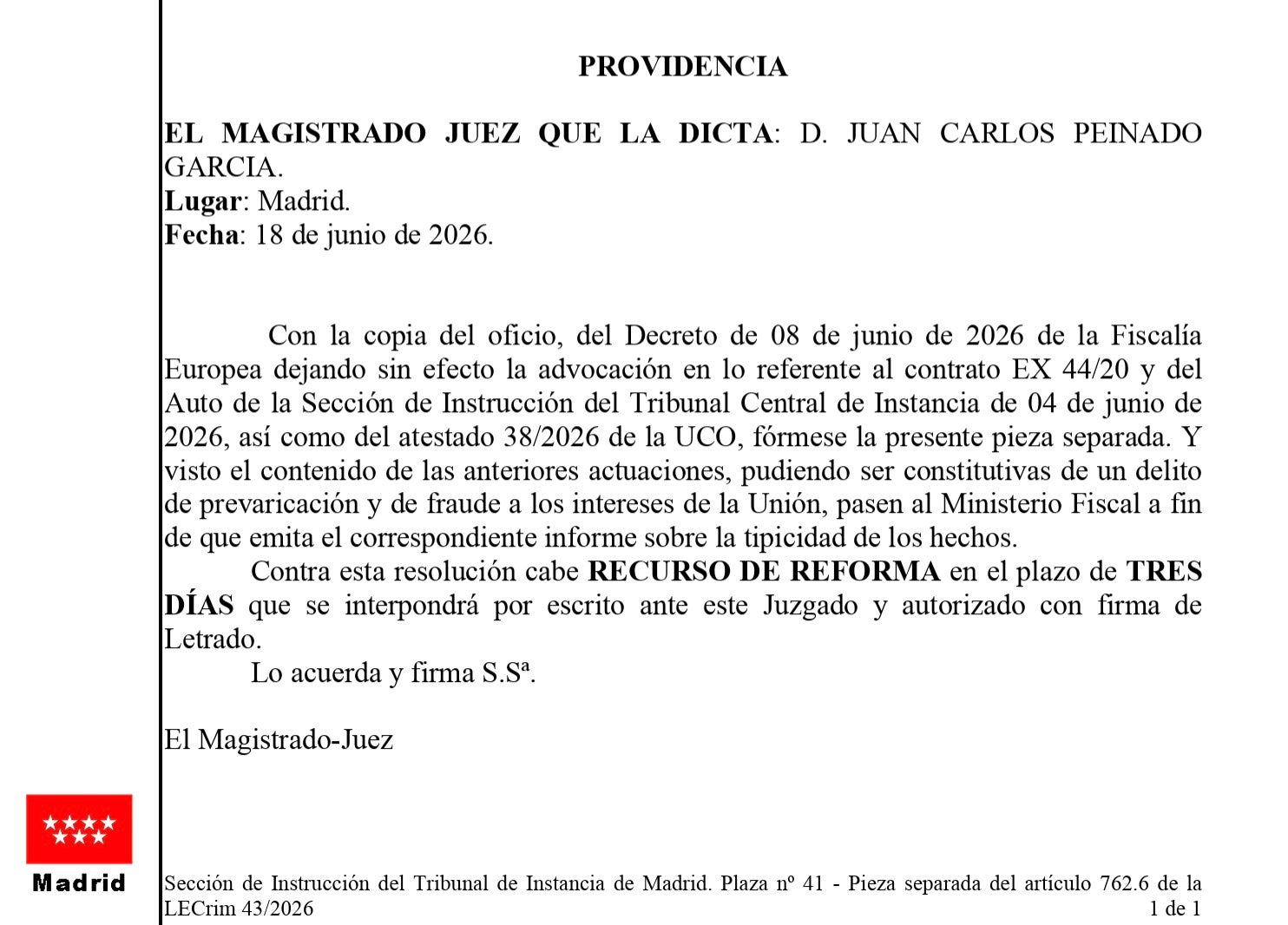 Part de la providència sobre l'obertura de la peça separada/QS