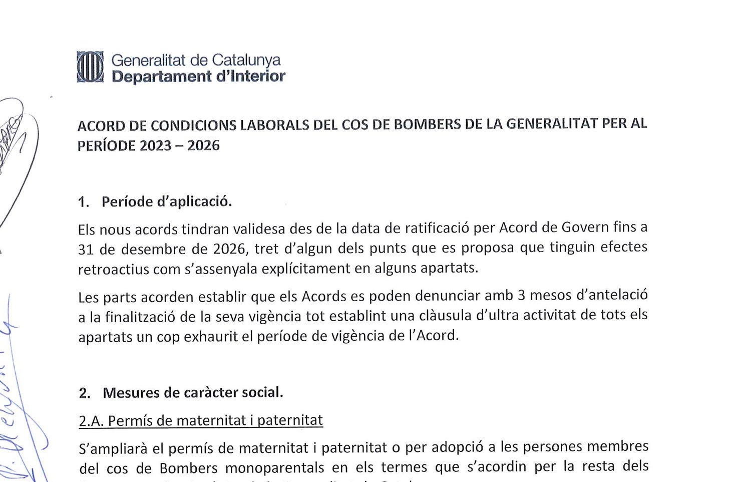 Capçalera dels acords dels Bombers que ara reclamen complir/QS
