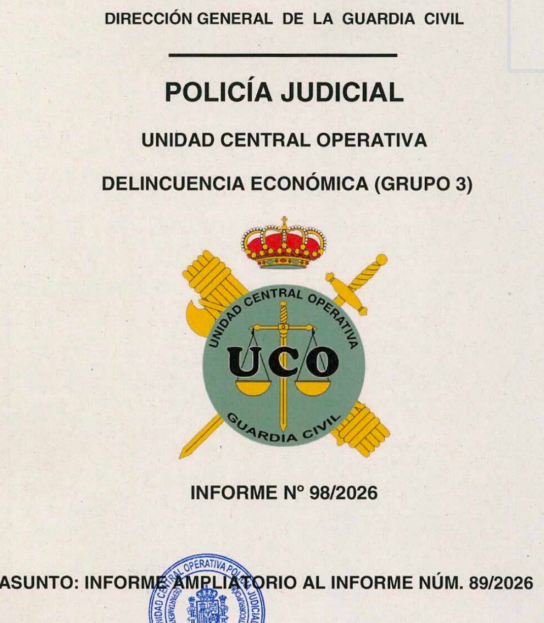 Portada informe de l'UCO aportat al jutge Pedraz per ampliar les perquisicions del cas Leire/QS