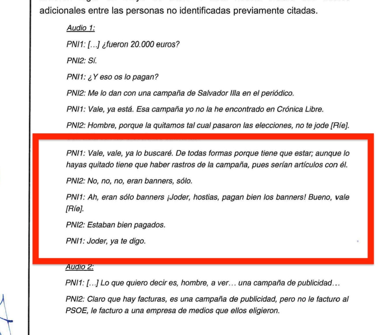 Part de l'atestat on es fa referència al pagament de la campanya electoral del PSC