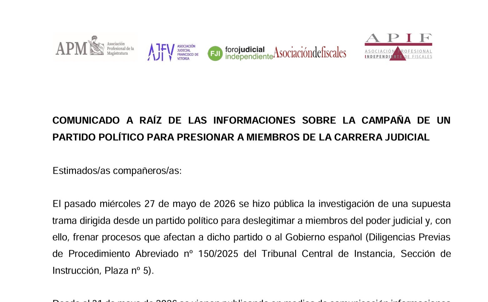 Capçalera del comunicat de les associacions de jutges i fiscals contra les acusacions del PSOE