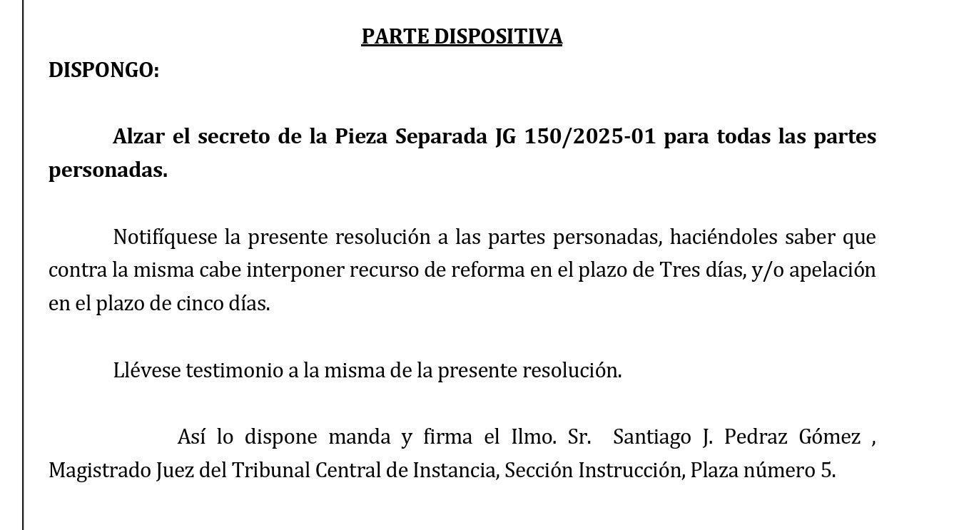 Part dispositiva de la interlocutòria que aixeca tot el secret/QS