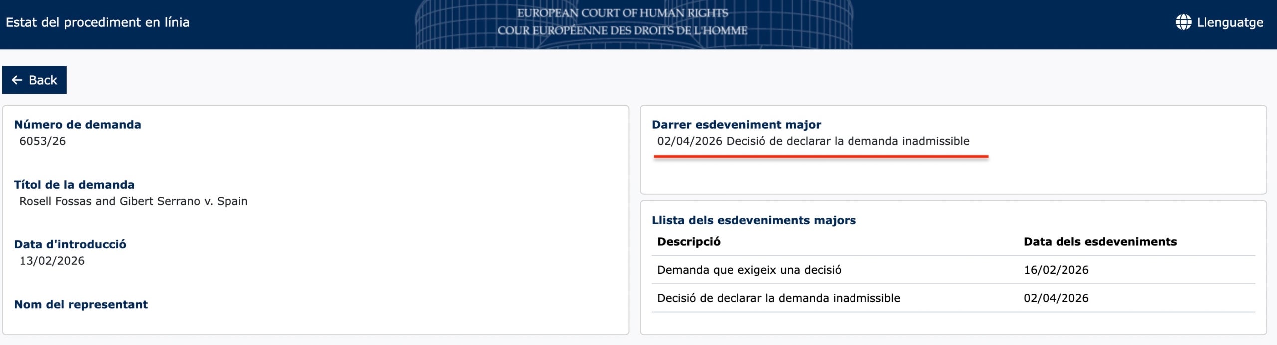 Certificado de inadmisibilidad de la demanda interpuesta al TEDH sobre Sixena/QS