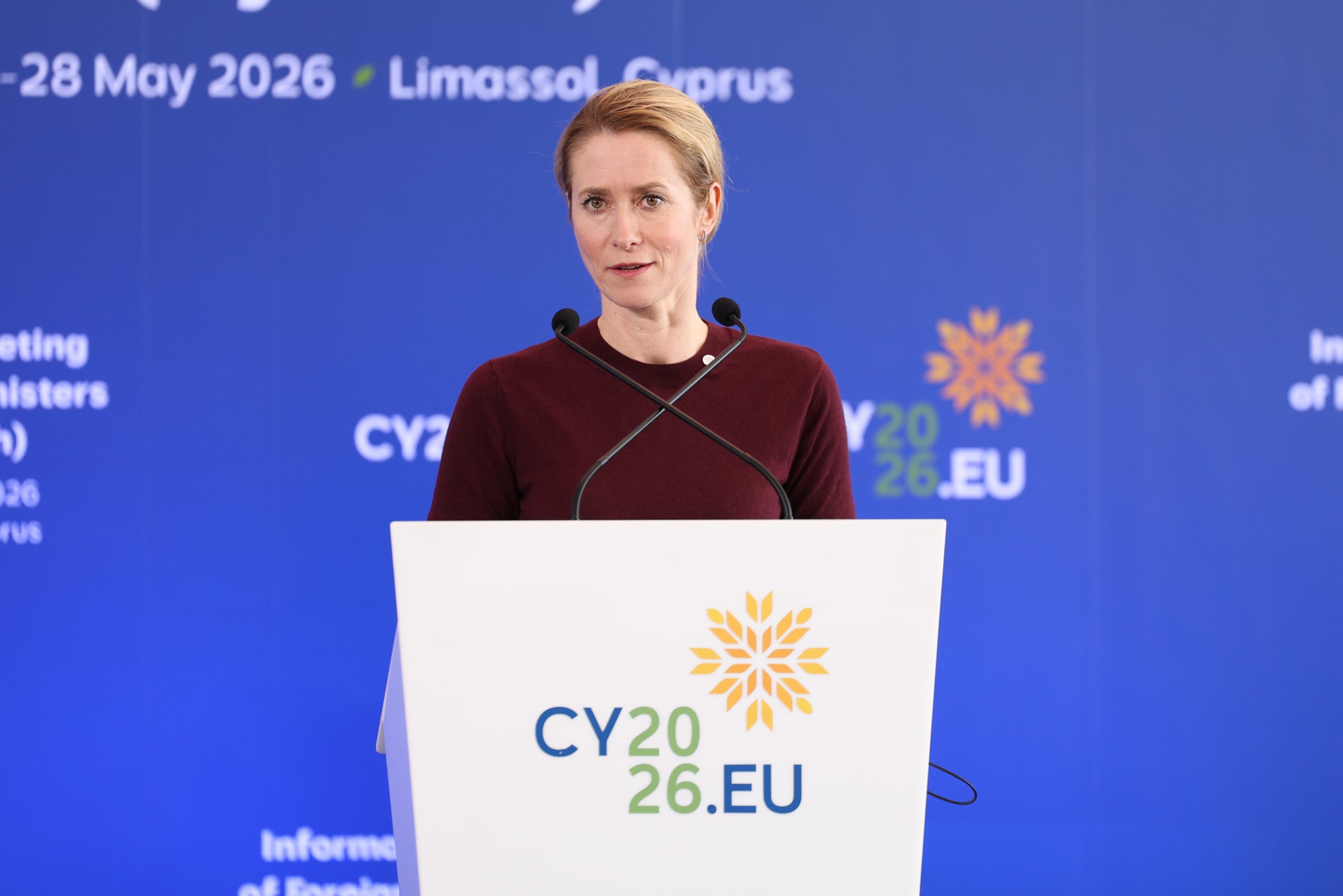Kaja Kallas, cap de política exterior de la Unió Europea, parla als mitjans de comunicació després d'una reunió informal de ministres d'afers exteriors de la UE a la ciutat portuària de Limassol. Eleni Chatzivasili / European Coun / DPA