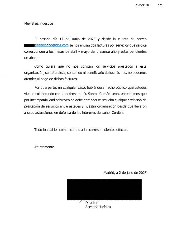 El burofax remès al PSOE sobre les dues factures de Teijelo/PSOE