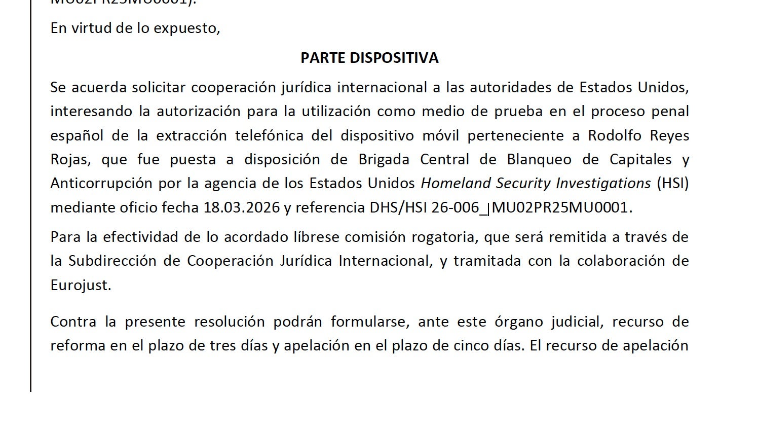 Parte dispositiva de la petición de Calama a los EE.UU./QS