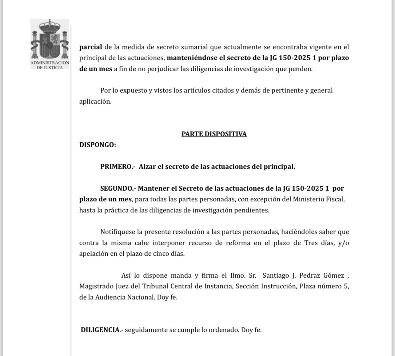 Part dispositiva de la interlocutòria amb què aixeca parcialment el secret de les actuacions contra el PSOE/QS
