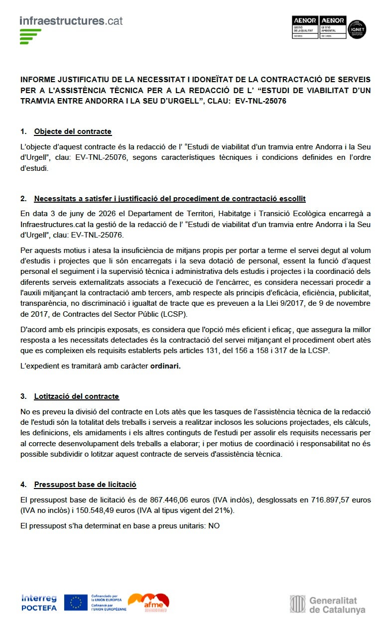 Part de la memòria justificativa de la licitació d'un tramvia/QS